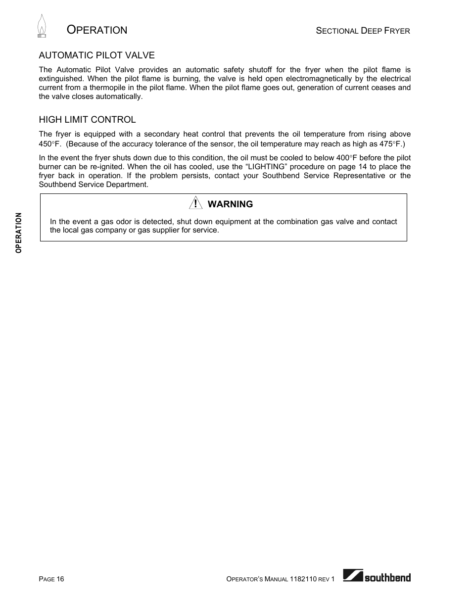 Automatic pilot valve, High limit control, Peration | Southbend P20-FR65 User Manual | Page 16 / 40