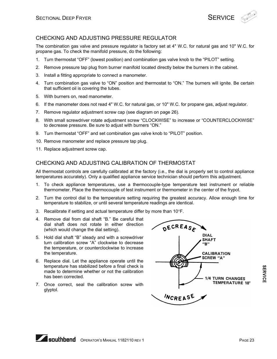 Checking and adjusting pressure regulator, Checking and adjusting calibration of thermostat, Ervice | Southbend P20-FR65 User Manual | Page 23 / 40