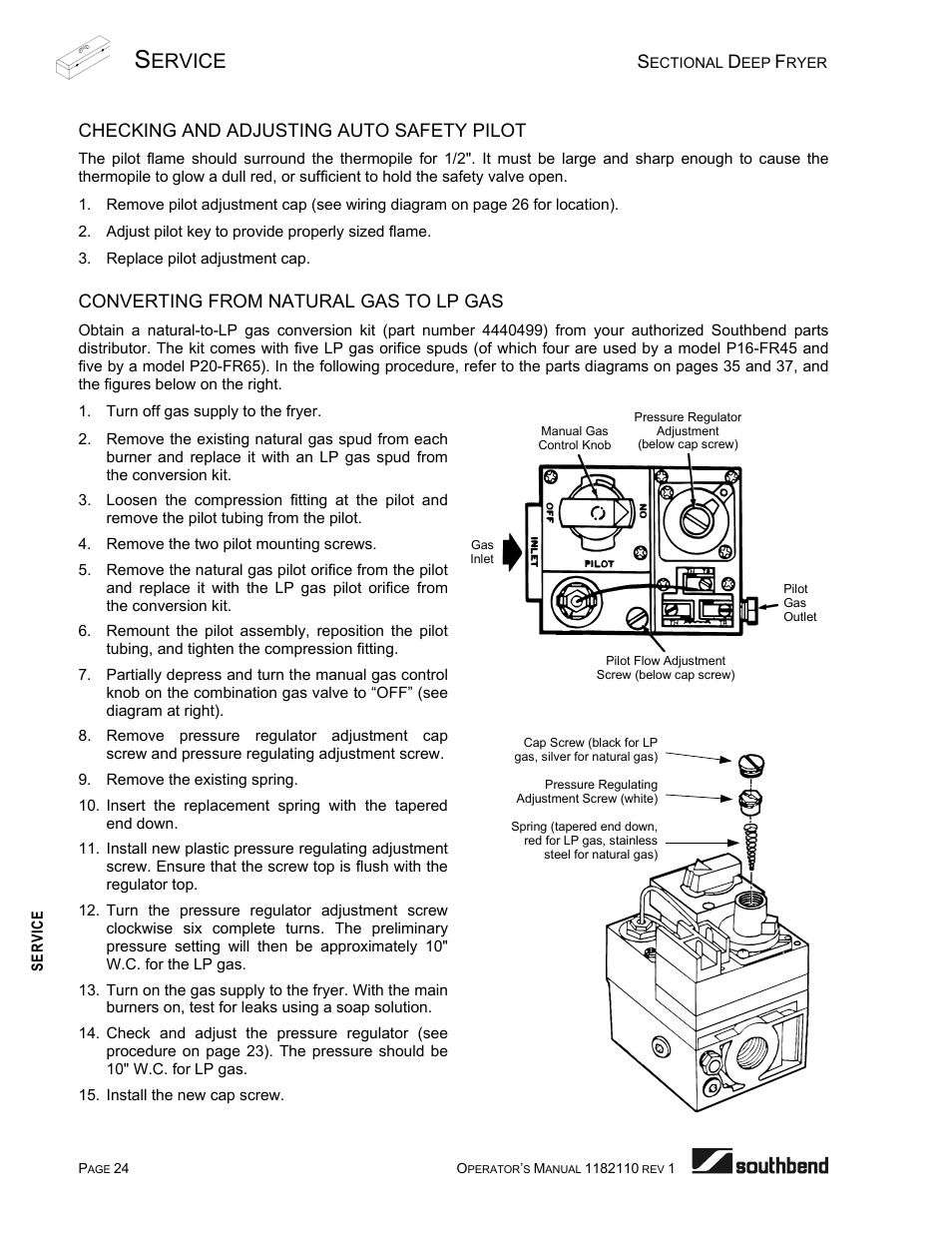 Checking and adjusting auto safety pilot, Converting from natural gas to lp gas, E 24) | Ervice | Southbend P20-FR65 User Manual | Page 24 / 40