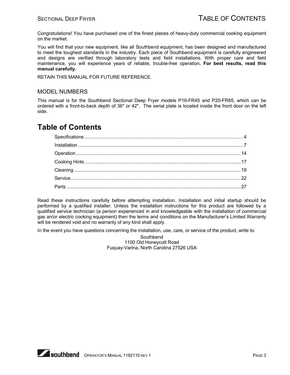 Southbend P20-FR65 User Manual | Page 3 / 40