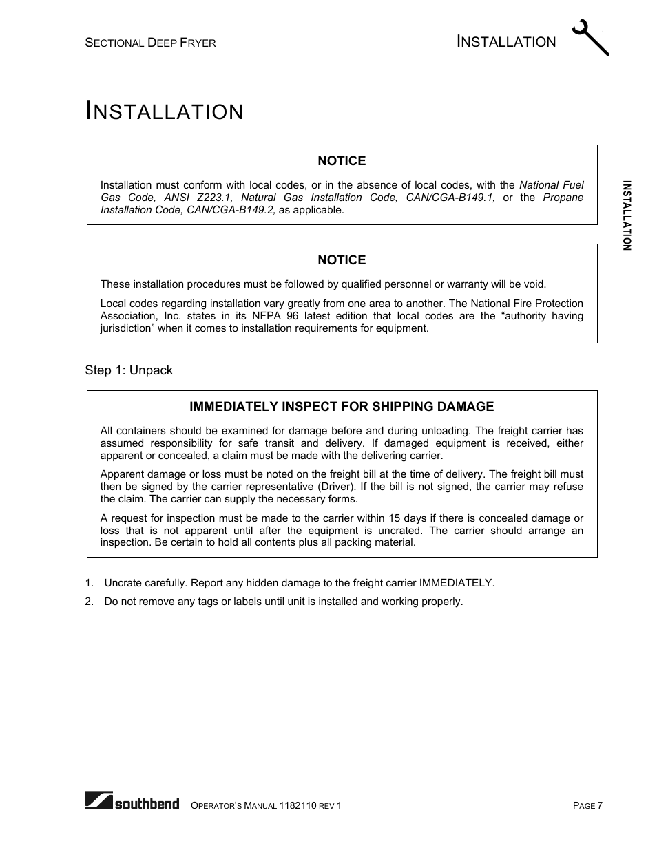 Installation, Step 1: unpack, Nstallation | Southbend P20-FR65 User Manual | Page 7 / 40
