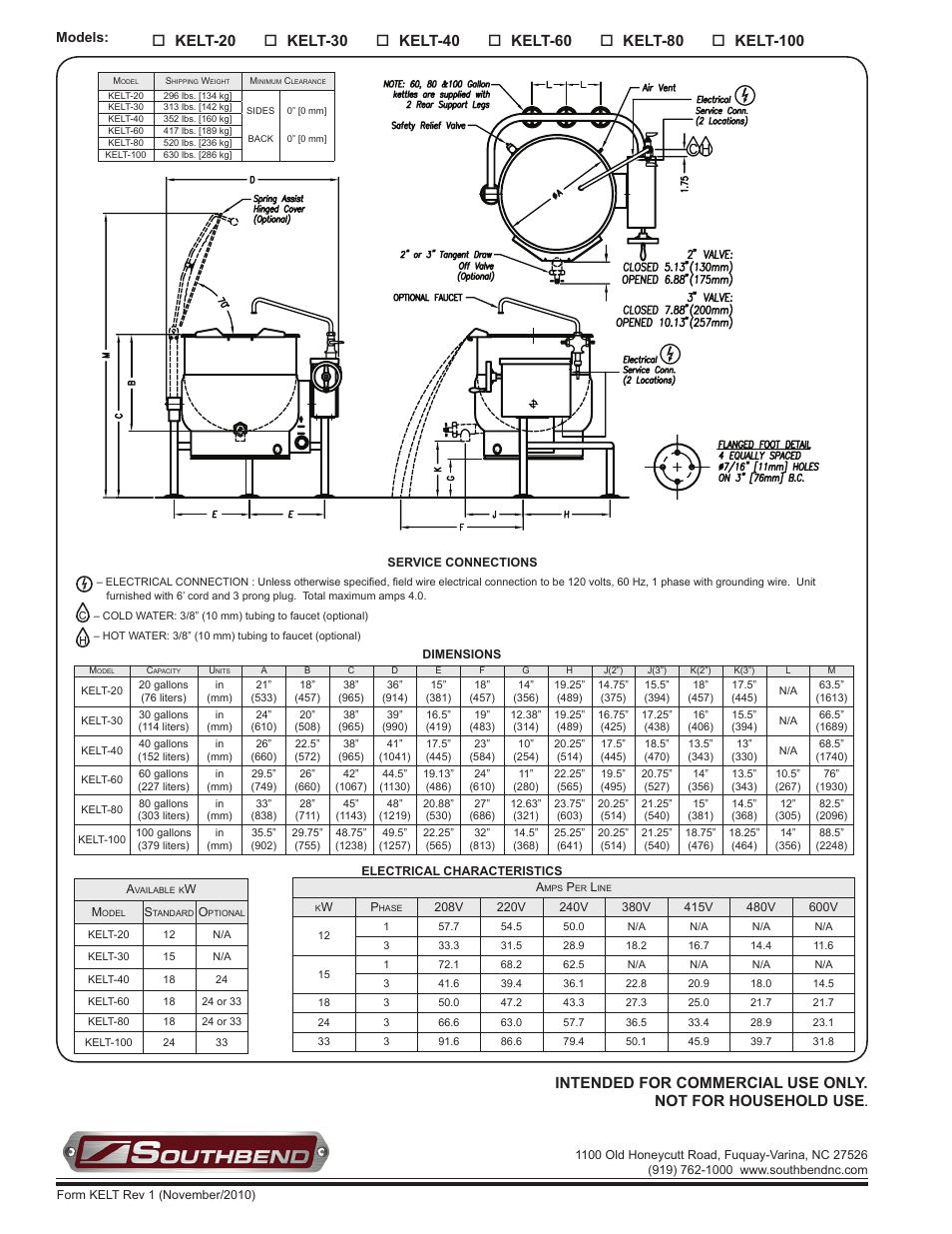 Kelt-20, Kelt-30, Kelt-40 | Kelt-60, Kelt-80, Models | Southbend KELT-40 User Manual | Page 2 / 2