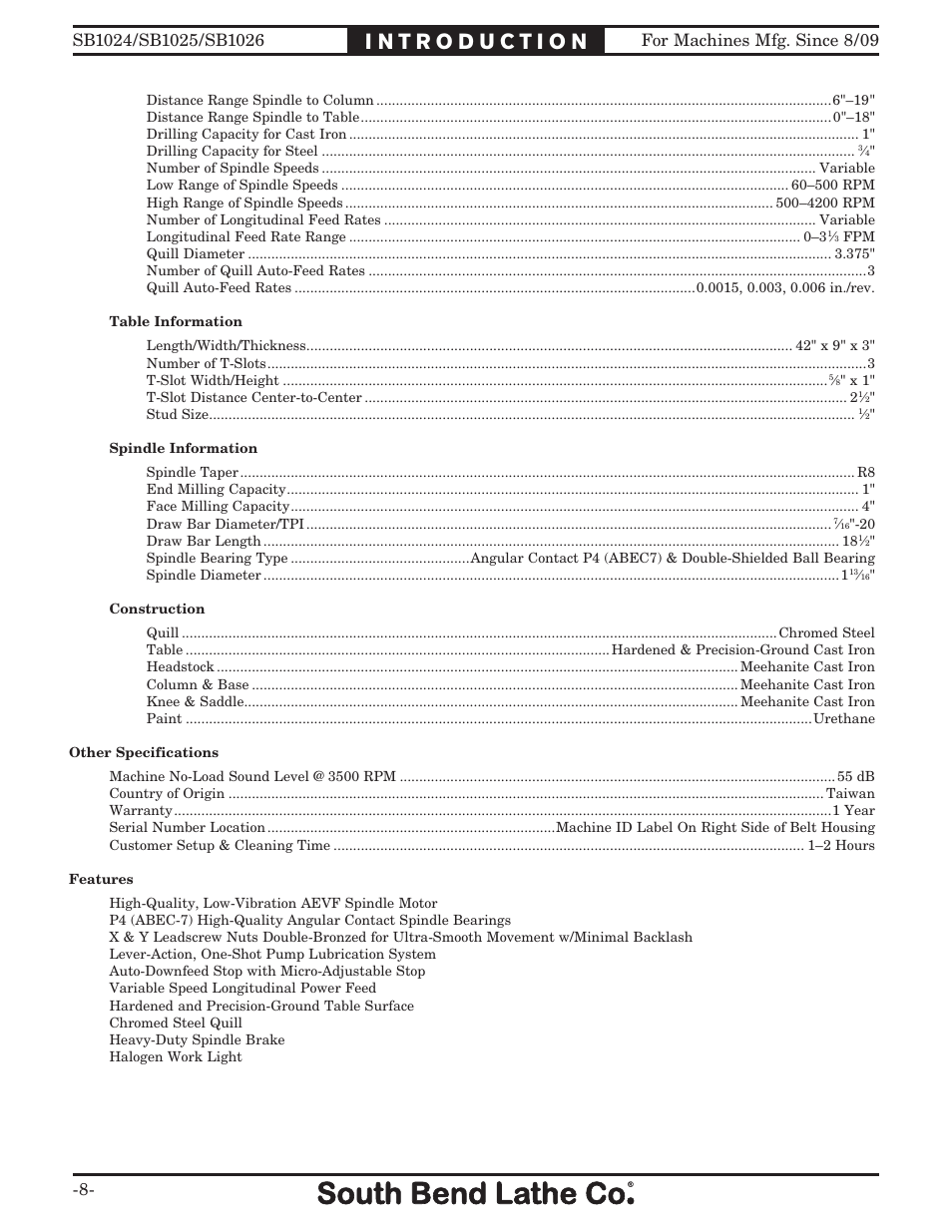 Southbend SOUTH BEND LATHE CO.. SB1024 User Manual | Page 10 / 100