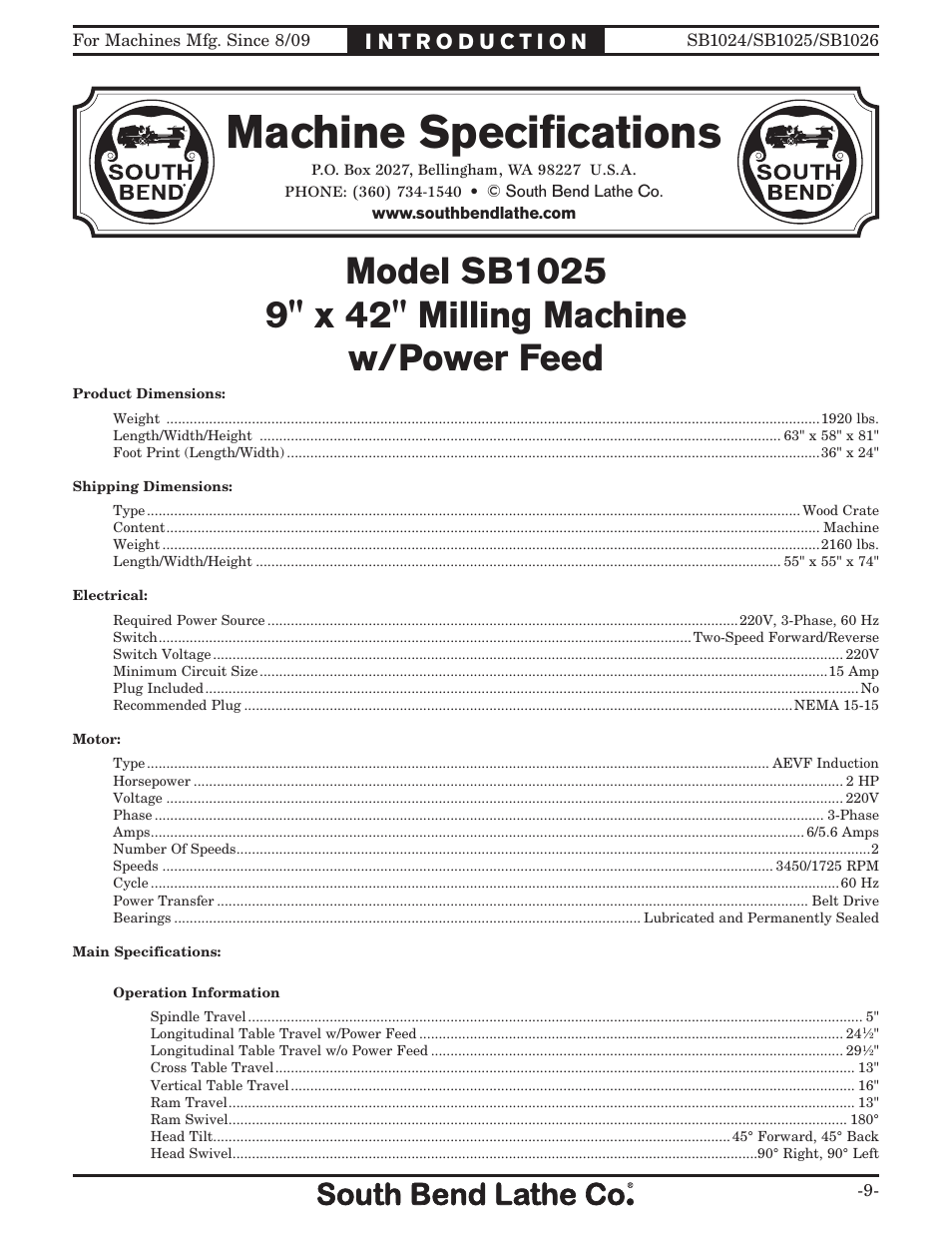 Machine speciﬁcations | Southbend SOUTH BEND LATHE CO.. SB1024 User Manual | Page 11 / 100