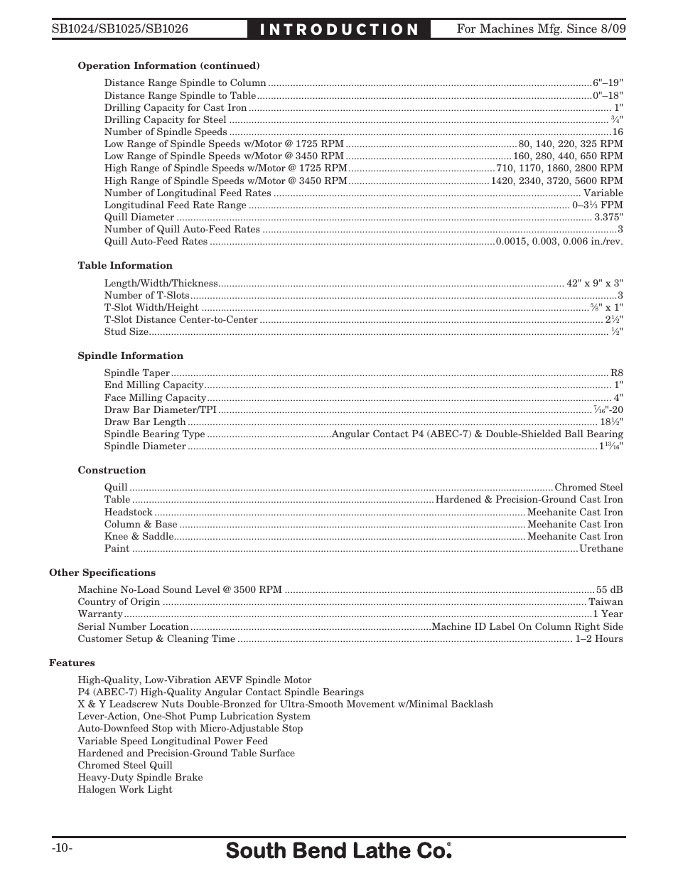 Southbend SOUTH BEND LATHE CO.. SB1024 User Manual | Page 12 / 100