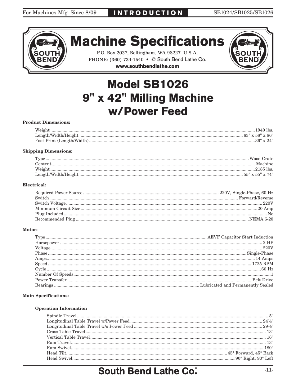 Machine speciﬁcations | Southbend SOUTH BEND LATHE CO.. SB1024 User Manual | Page 13 / 100