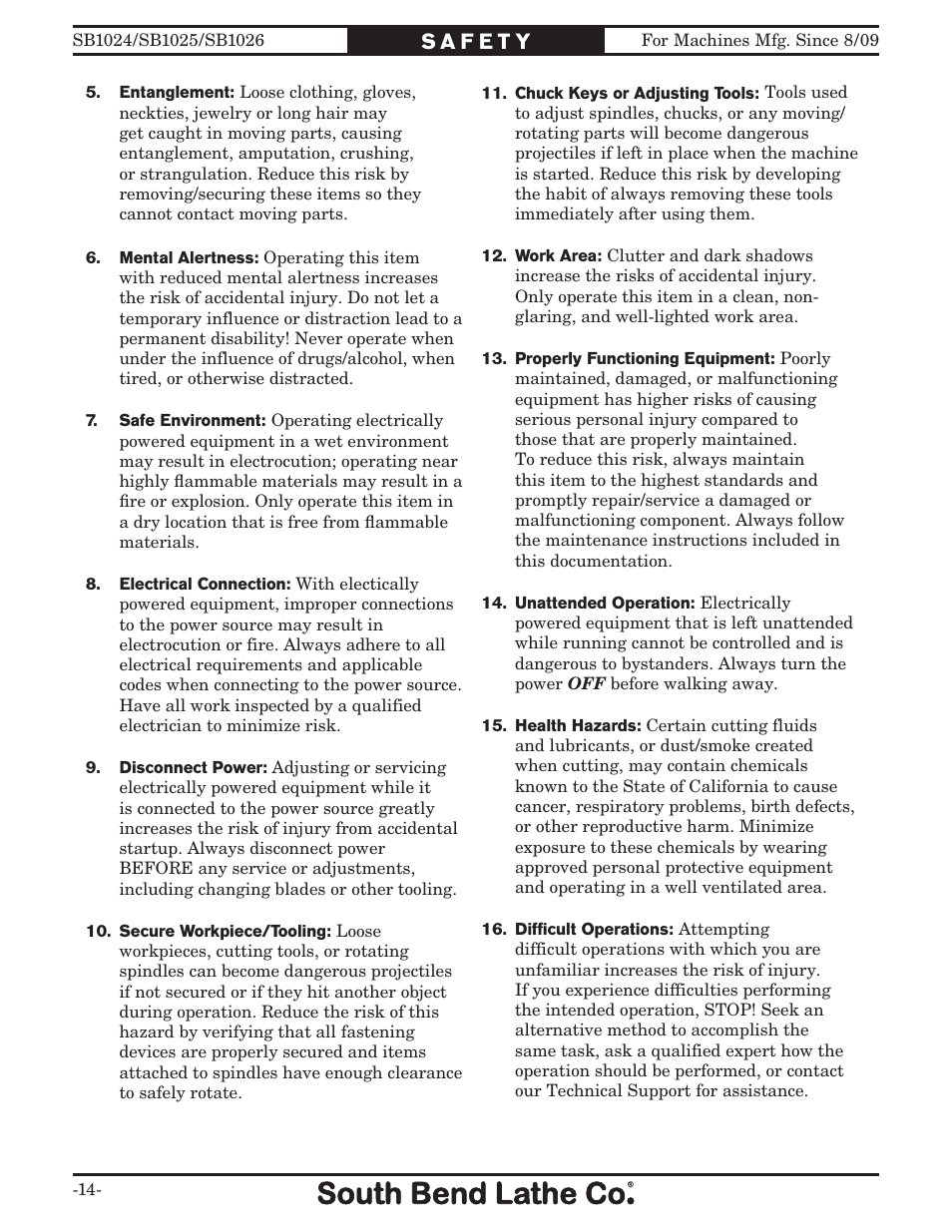 Southbend SOUTH BEND LATHE CO.. SB1024 User Manual | Page 16 / 100