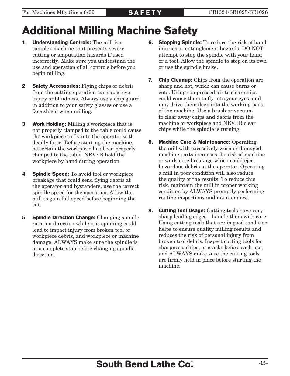 Additional milling machine safety | Southbend SOUTH BEND LATHE CO.. SB1024 User Manual | Page 17 / 100