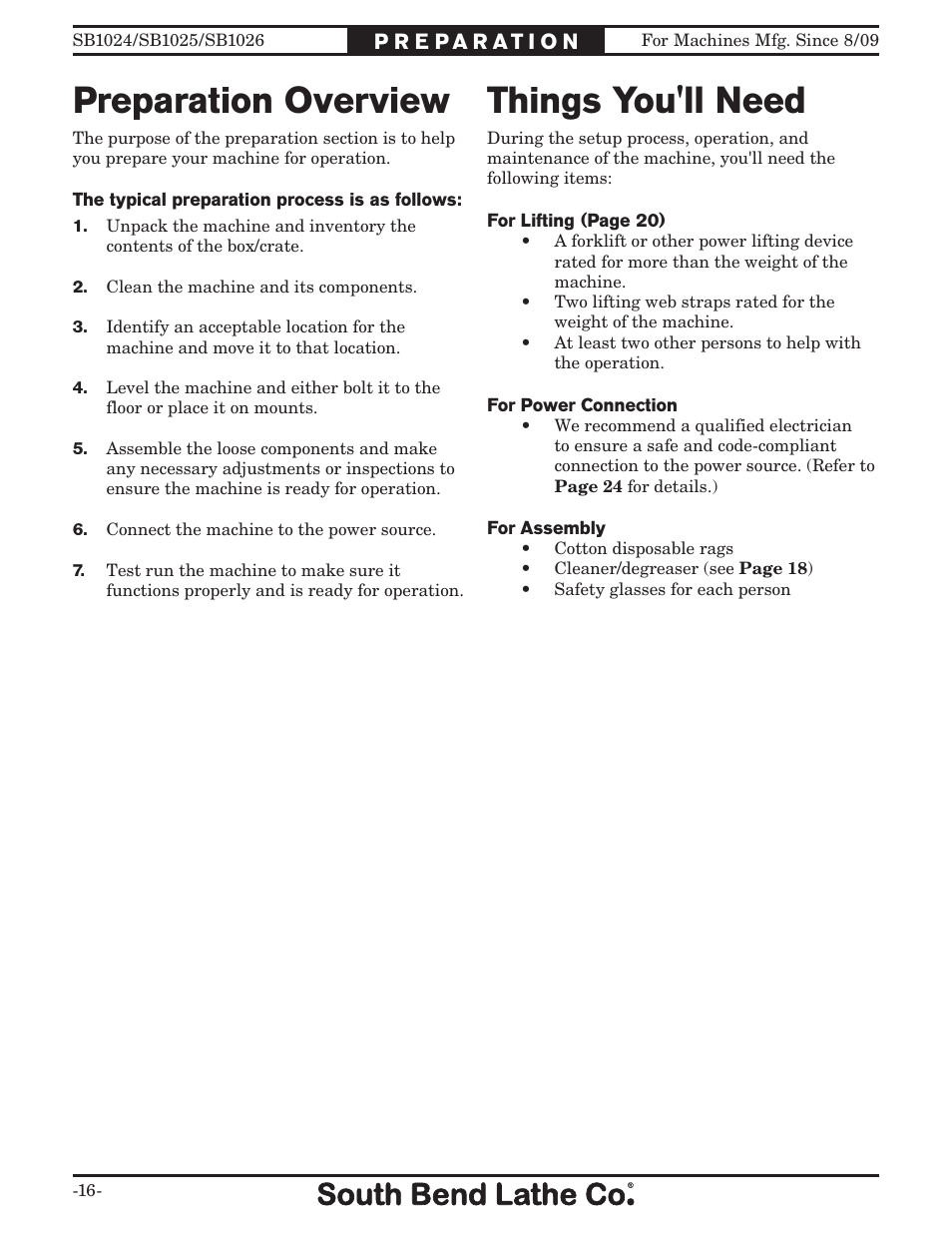 Preparation overview things you'll need | Southbend SOUTH BEND LATHE CO.. SB1024 User Manual | Page 18 / 100