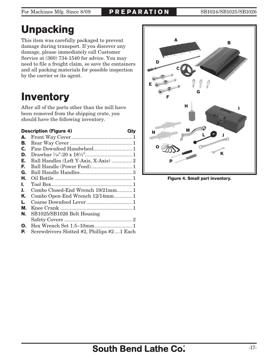 Unpacking, Inventory | Southbend SOUTH BEND LATHE CO.. SB1024 User Manual | Page 19 / 100