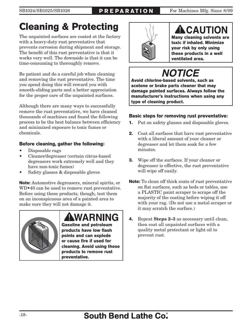 Cleaning & protecting | Southbend SOUTH BEND LATHE CO.. SB1024 User Manual | Page 20 / 100