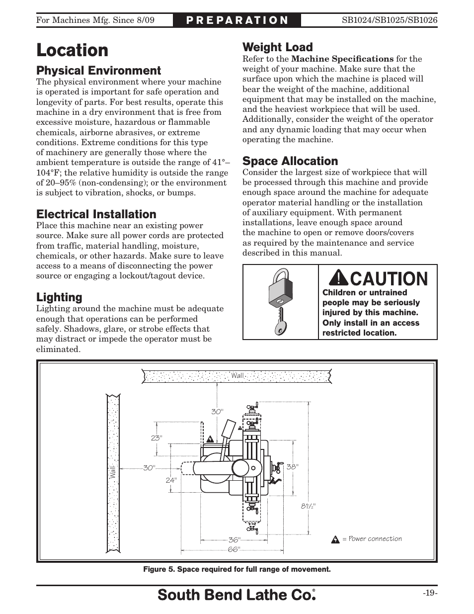 Location, Weight load, Space allocation | Physical environment, Electrical installation, Lighting | Southbend SOUTH BEND LATHE CO.. SB1024 User Manual | Page 21 / 100