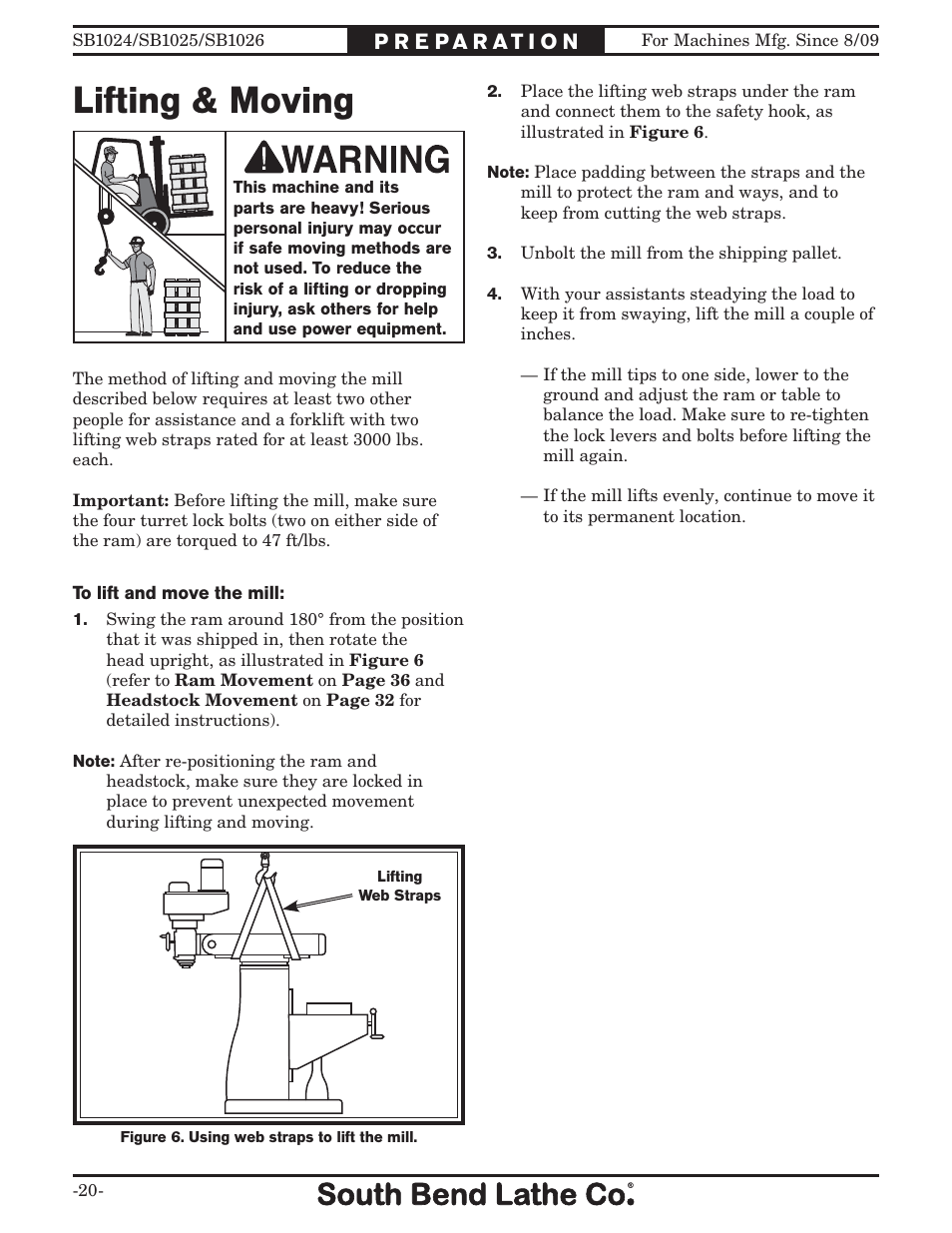 Lifting & moving | Southbend SOUTH BEND LATHE CO.. SB1024 User Manual | Page 22 / 100