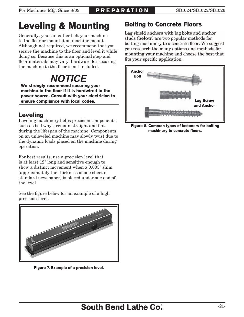 Leveling & mounting, Bolting to concrete floors, Leveling | Southbend SOUTH BEND LATHE CO.. SB1024 User Manual | Page 23 / 100