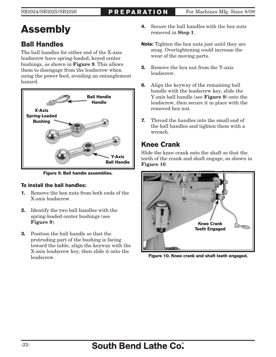 Assembly, Ball handles, Knee crank | Southbend SOUTH BEND LATHE CO.. SB1024 User Manual | Page 24 / 100