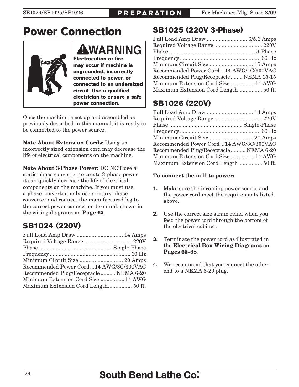 Power connection | Southbend SOUTH BEND LATHE CO.. SB1024 User Manual | Page 26 / 100