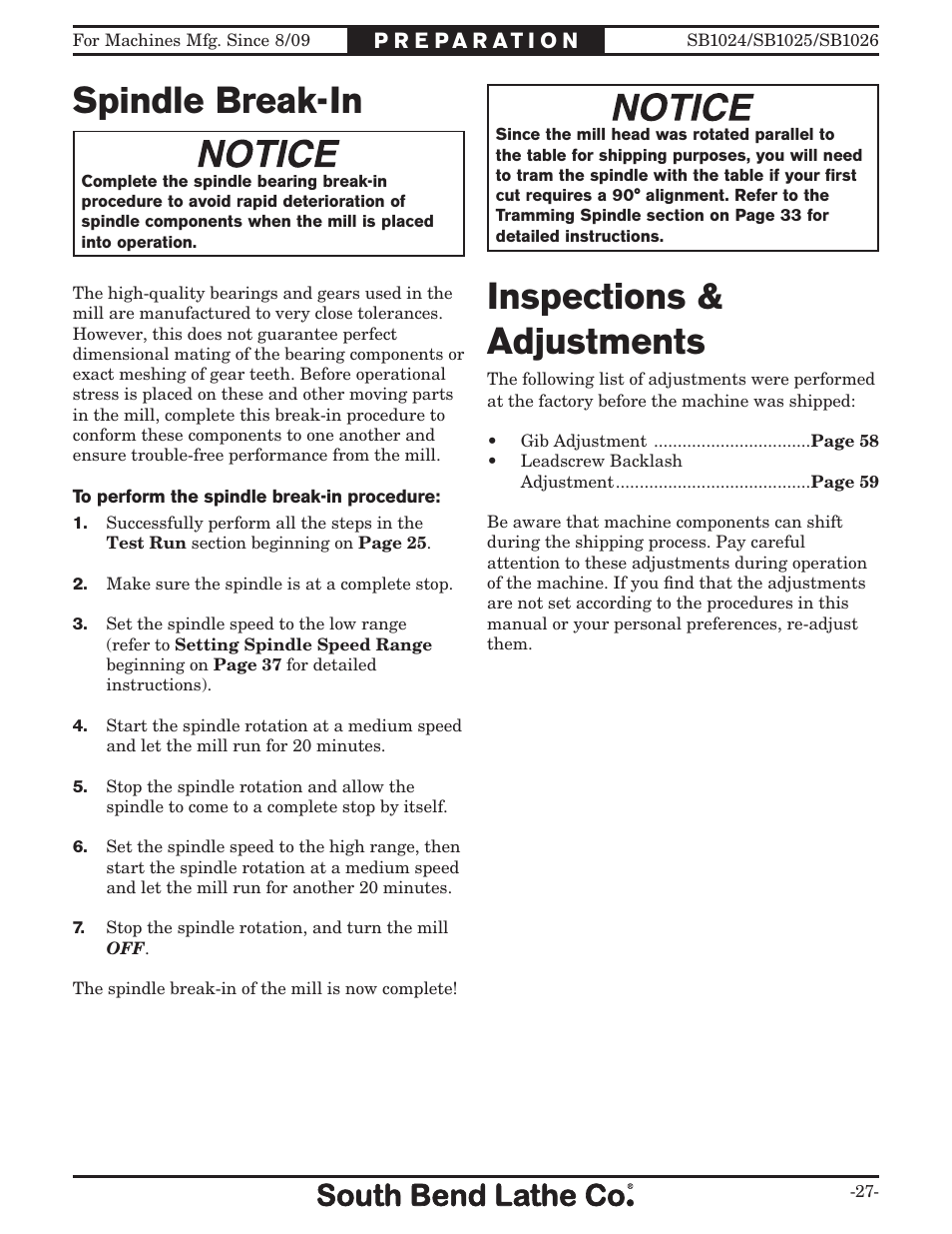 Inspections & adjustments, Spindle break-in | Southbend SOUTH BEND LATHE CO.. SB1024 User Manual | Page 29 / 100