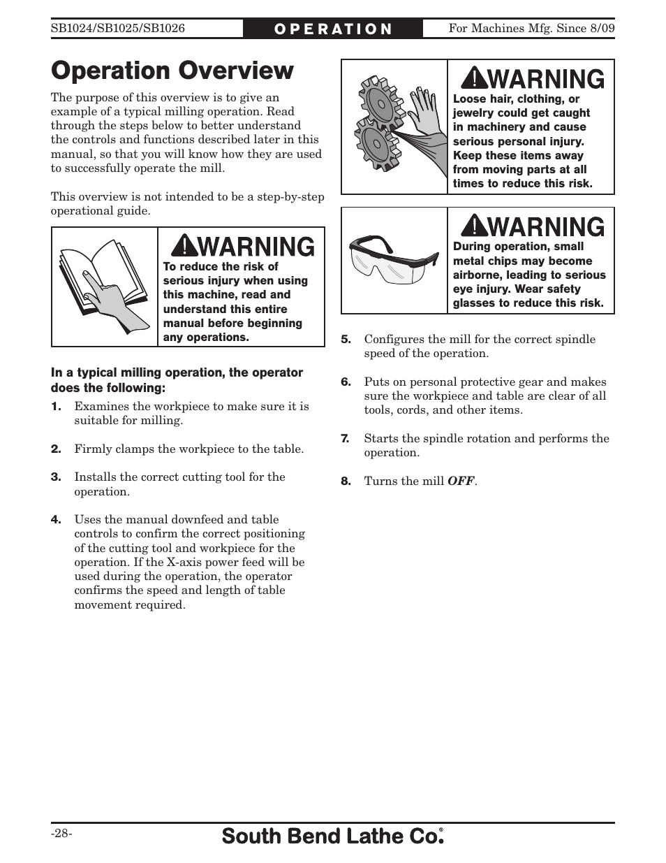 Operation overview | Southbend SOUTH BEND LATHE CO.. SB1024 User Manual | Page 30 / 100