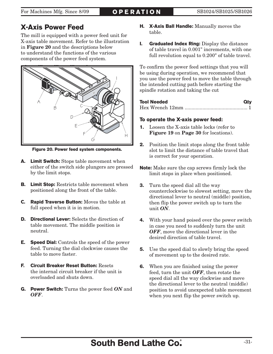 X-axis power feed | Southbend SOUTH BEND LATHE CO.. SB1024 User Manual | Page 33 / 100