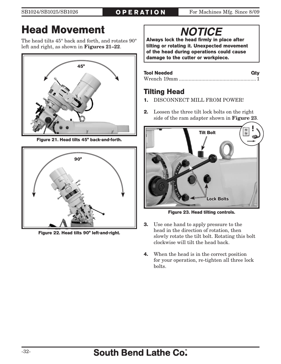 Head movement, Tilting head | Southbend SOUTH BEND LATHE CO.. SB1024 User Manual | Page 34 / 100