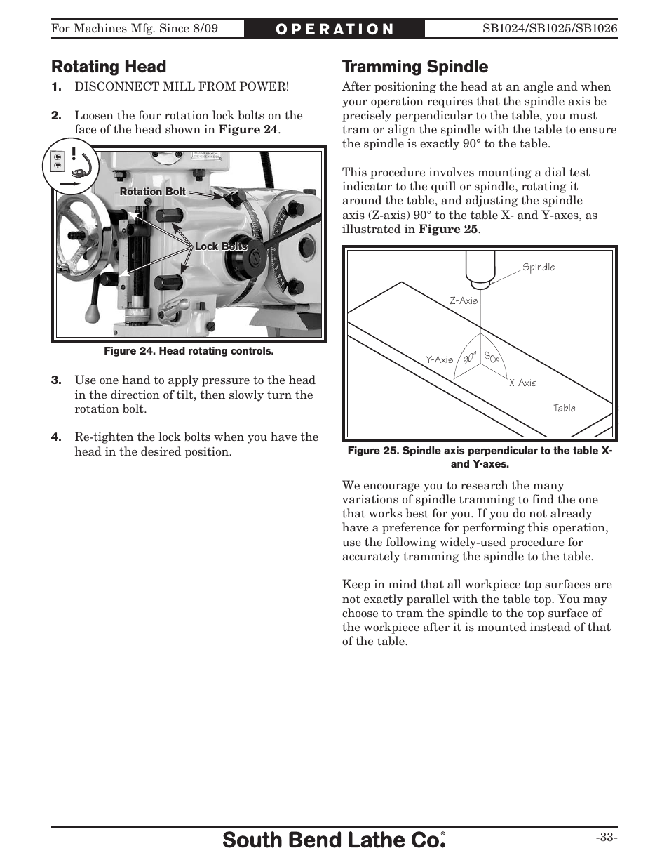 Rotating head, Tramming spindle | Southbend SOUTH BEND LATHE CO.. SB1024 User Manual | Page 35 / 100