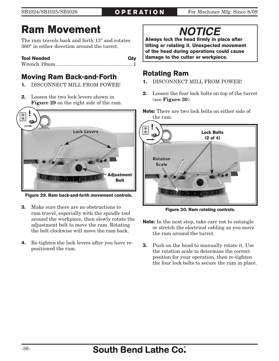 Ram movement, Rotating ram, Moving ram back-and-forth | Southbend SOUTH BEND LATHE CO.. SB1024 User Manual | Page 38 / 100