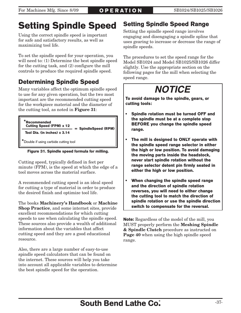 Setting spindle speed, Setting spindle speed range, Determining spindle speed | Southbend SOUTH BEND LATHE CO.. SB1024 User Manual | Page 39 / 100