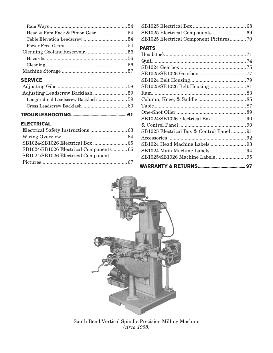 Southbend SOUTH BEND LATHE CO.. SB1024 User Manual | Page 4 / 100