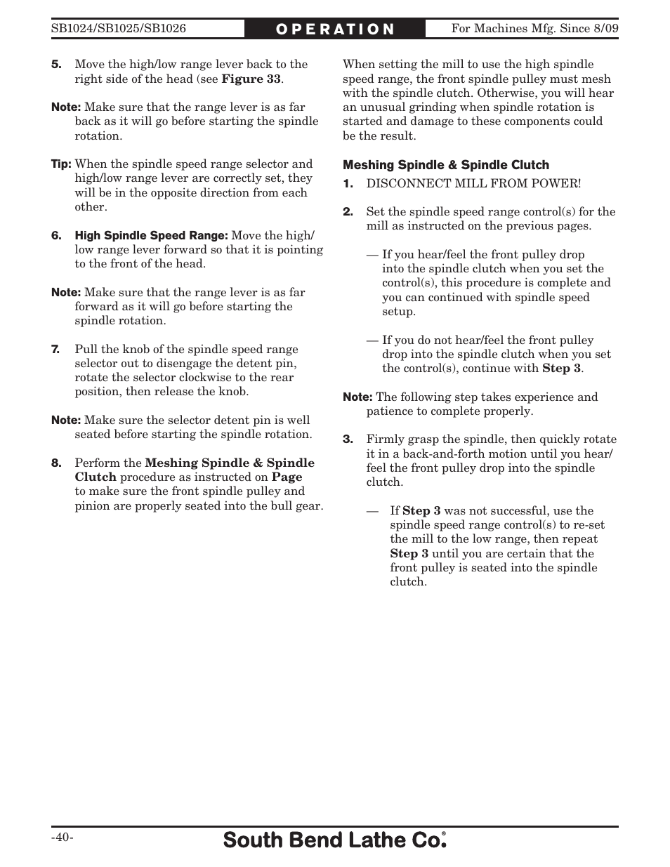 Southbend SOUTH BEND LATHE CO.. SB1024 User Manual | Page 42 / 100