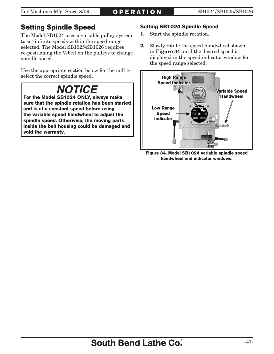 Setting spindle speed | Southbend SOUTH BEND LATHE CO.. SB1024 User Manual | Page 43 / 100