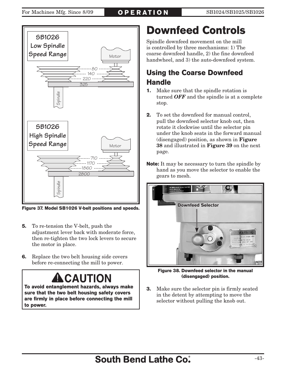 Downfeed controls, Using the coarse downfeed handle, Sb1026 low spindle speed range | Sb1026 high spindle speed range | Southbend SOUTH BEND LATHE CO.. SB1024 User Manual | Page 45 / 100