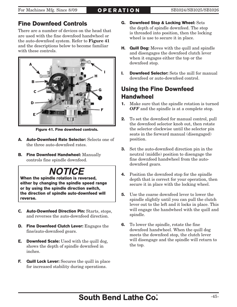 Fine downfeed controls, Using the fine downfeed handwheel | Southbend SOUTH BEND LATHE CO.. SB1024 User Manual | Page 47 / 100