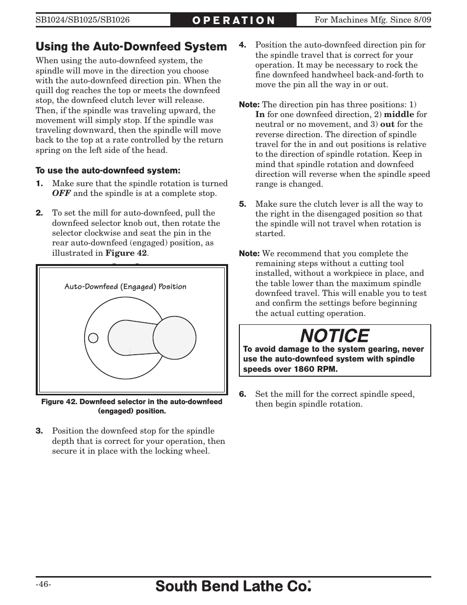 Using the auto-downfeed system | Southbend SOUTH BEND LATHE CO.. SB1024 User Manual | Page 48 / 100