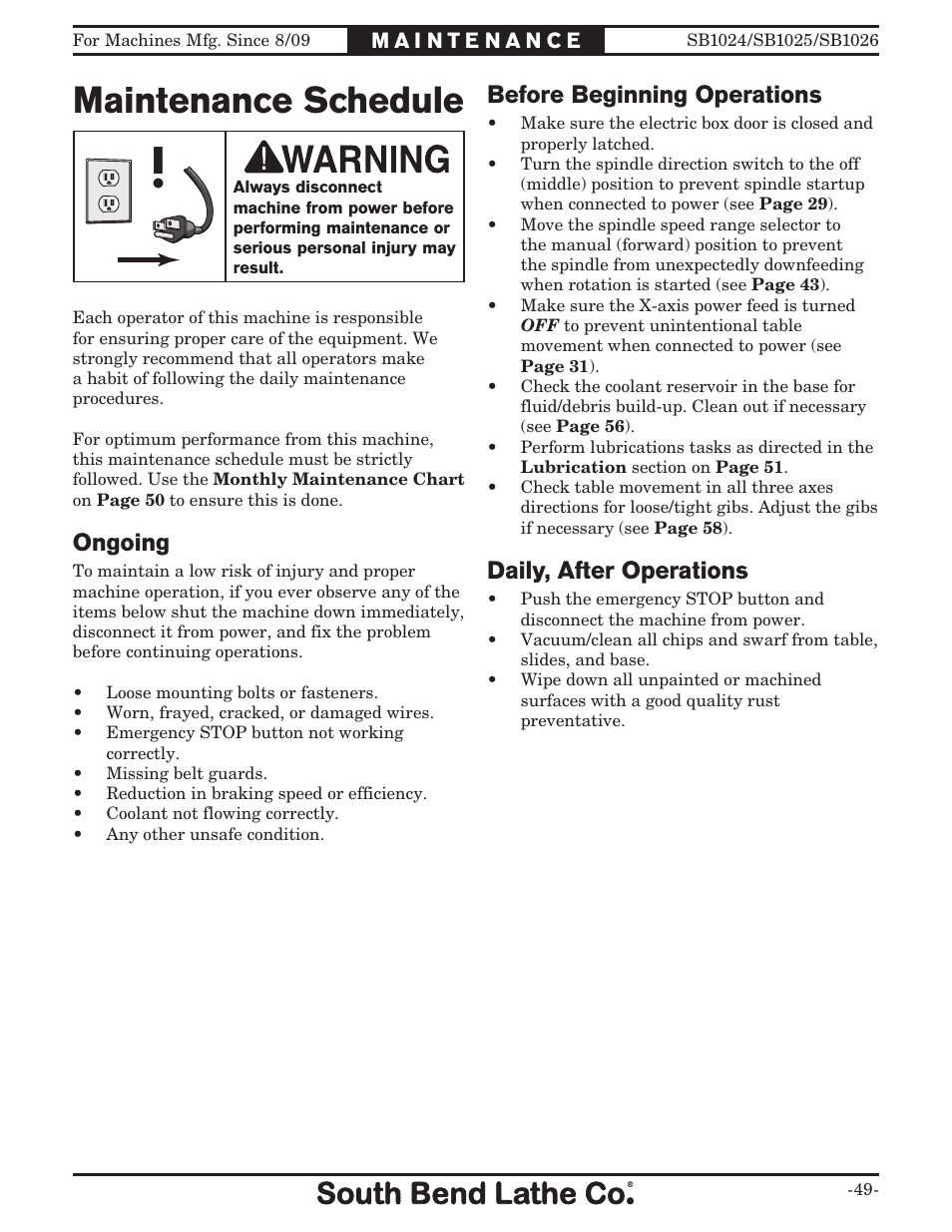 Maintenance schedule, Ongoing, Before beginning operations | Daily, after operations | Southbend SOUTH BEND LATHE CO.. SB1024 User Manual | Page 51 / 100