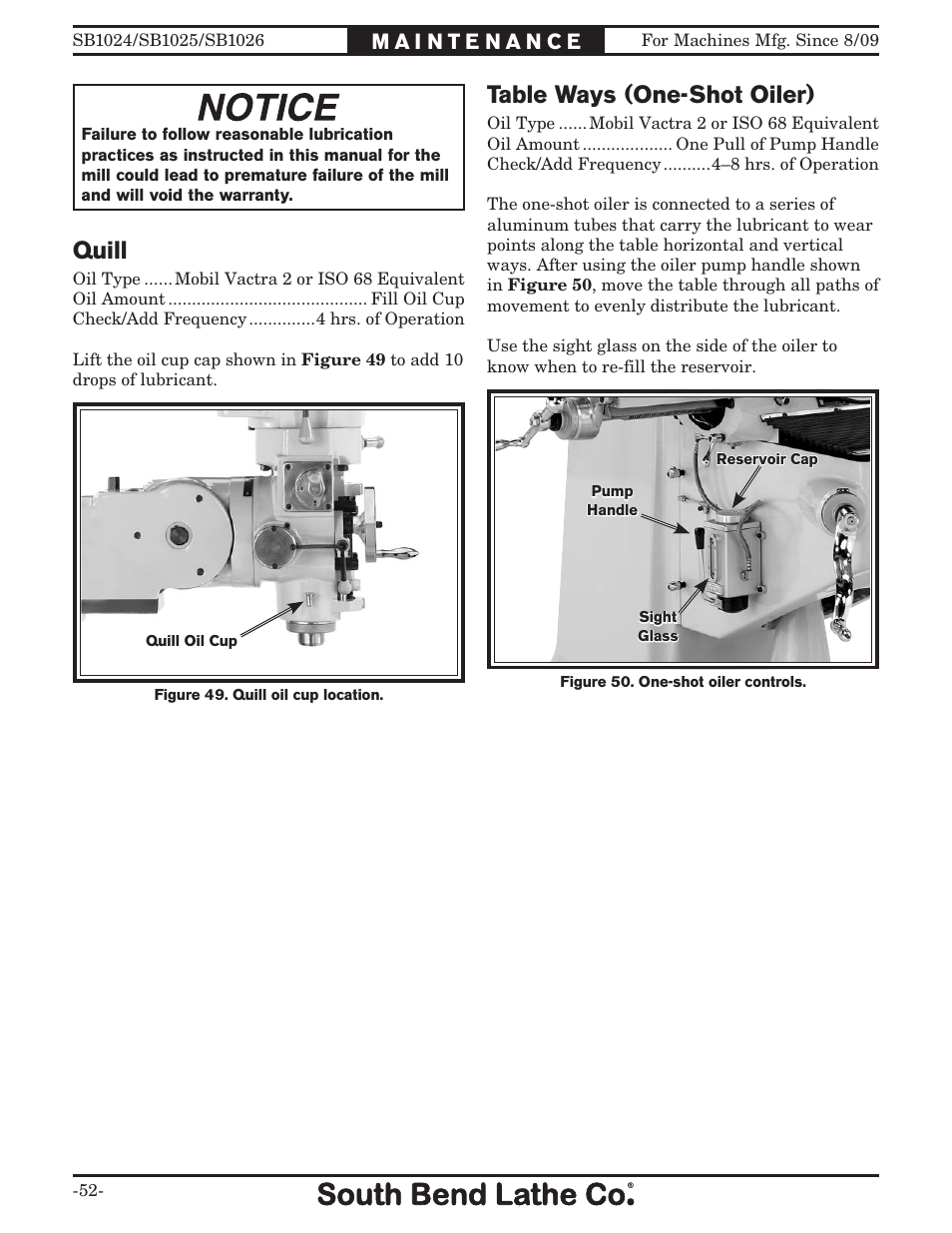 Quill, Table ways (one-shot oiler) | Southbend SOUTH BEND LATHE CO.. SB1024 User Manual | Page 54 / 100