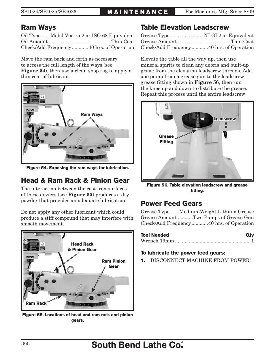 Ram ways, Table elevation leadscrew, Power feed gears | Head & ram rack & pinion gear | Southbend SOUTH BEND LATHE CO.. SB1024 User Manual | Page 56 / 100