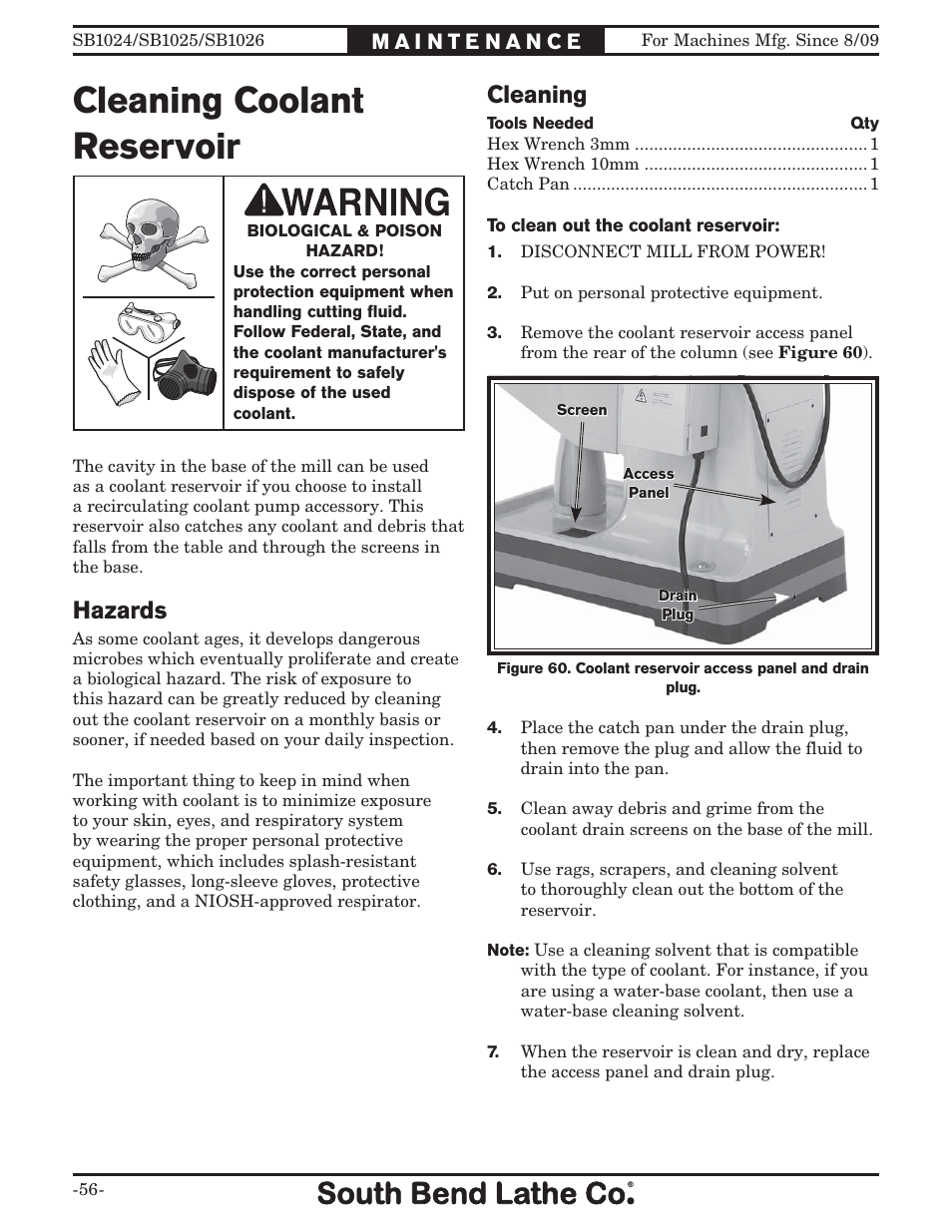 Cleaning coolant reservoir, Hazards, Cleaning | Southbend SOUTH BEND LATHE CO.. SB1024 User Manual | Page 58 / 100