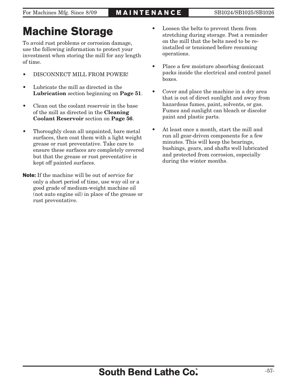 Machine storage | Southbend SOUTH BEND LATHE CO.. SB1024 User Manual | Page 59 / 100