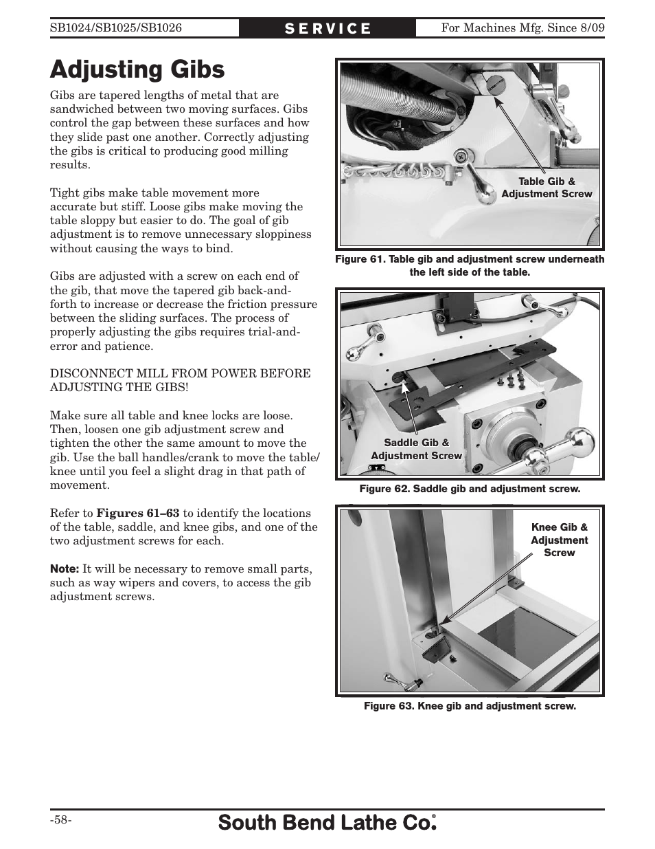 Adjusting gibs | Southbend SOUTH BEND LATHE CO.. SB1024 User Manual | Page 60 / 100