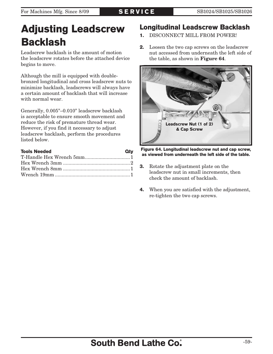 Adjusting leadscrew backlash, Longitudinal leadscrew backlash | Southbend SOUTH BEND LATHE CO.. SB1024 User Manual | Page 61 / 100