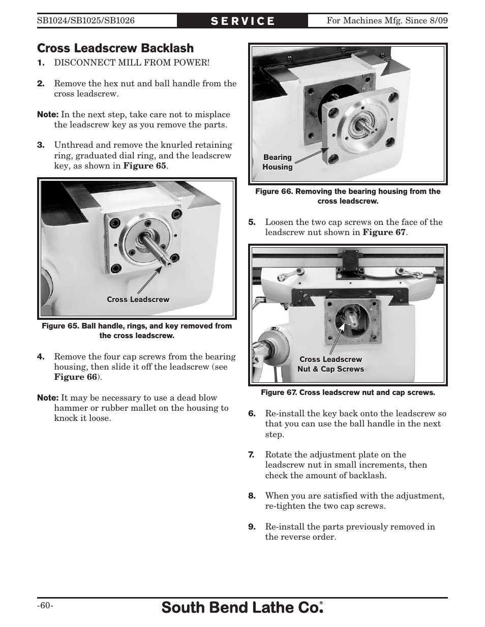 Cross leadscrew backlash | Southbend SOUTH BEND LATHE CO.. SB1024 User Manual | Page 62 / 100