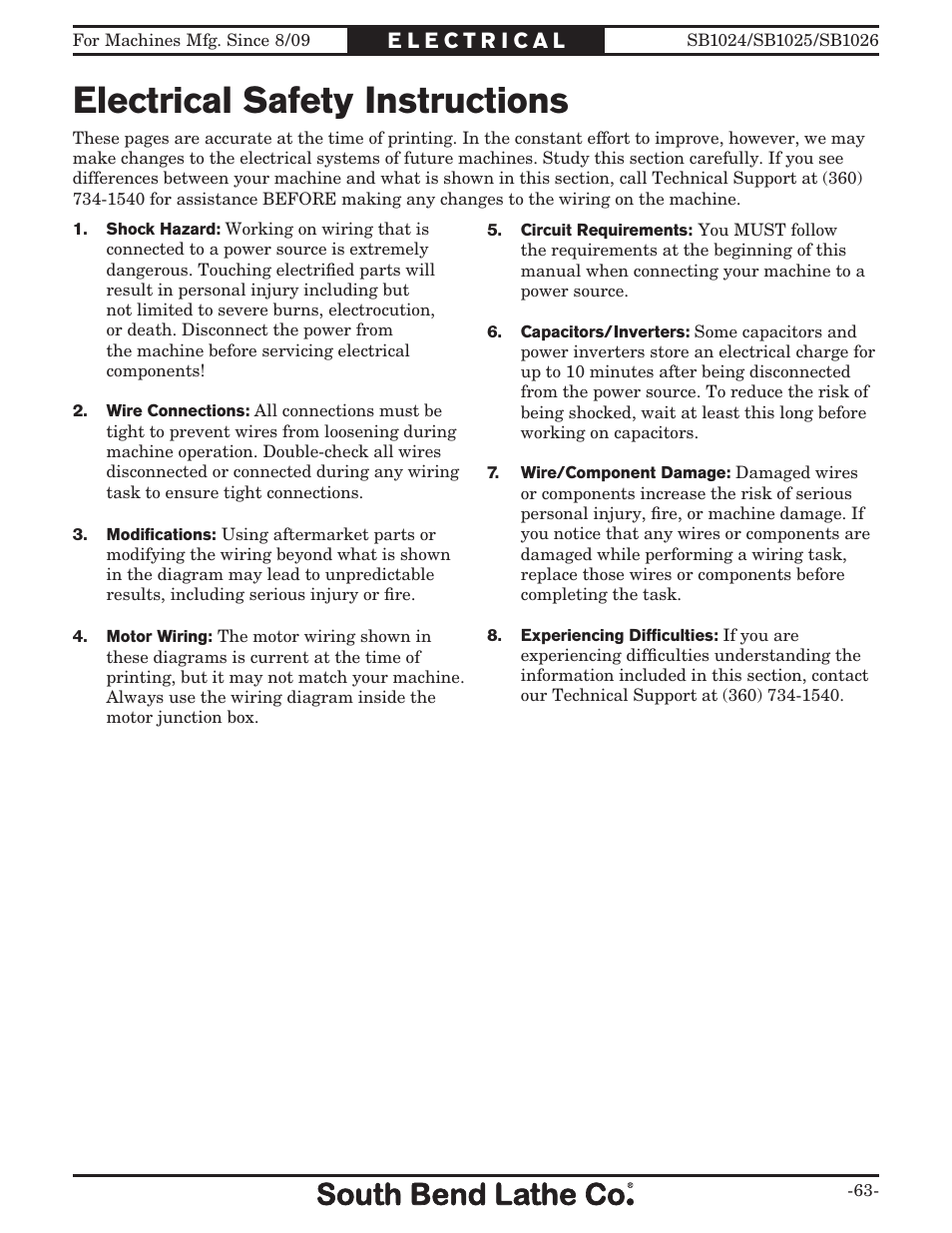 Electrical safety instructions | Southbend SOUTH BEND LATHE CO.. SB1024 User Manual | Page 65 / 100