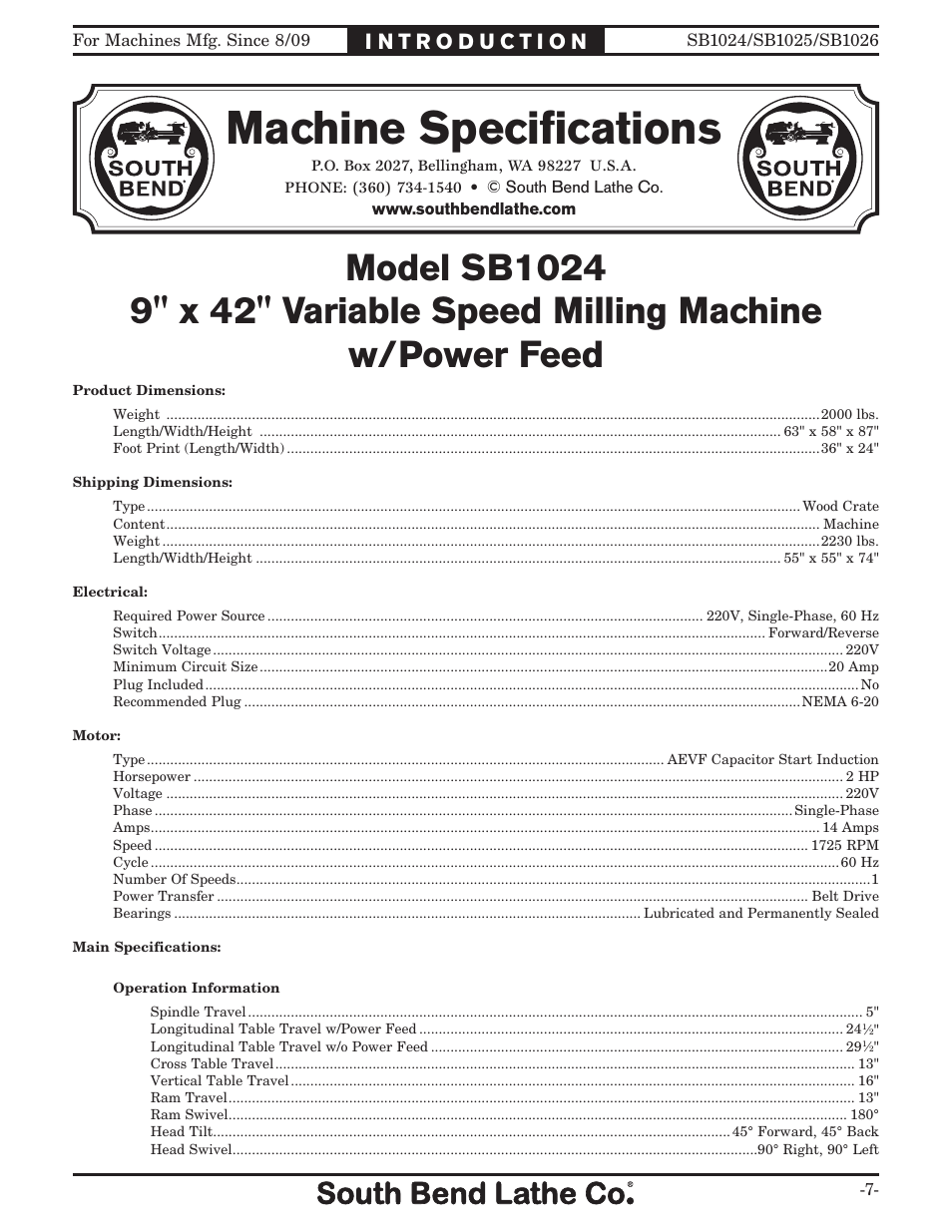 Machine speciﬁcations | Southbend SOUTH BEND LATHE CO.. SB1024 User Manual | Page 9 / 100