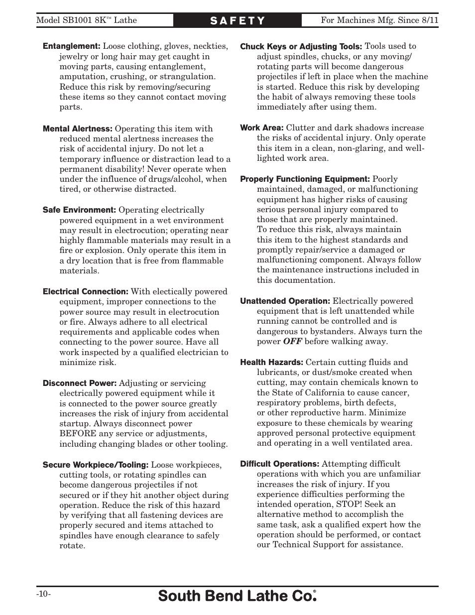 Southbend SB1001 User Manual | Page 12 / 76