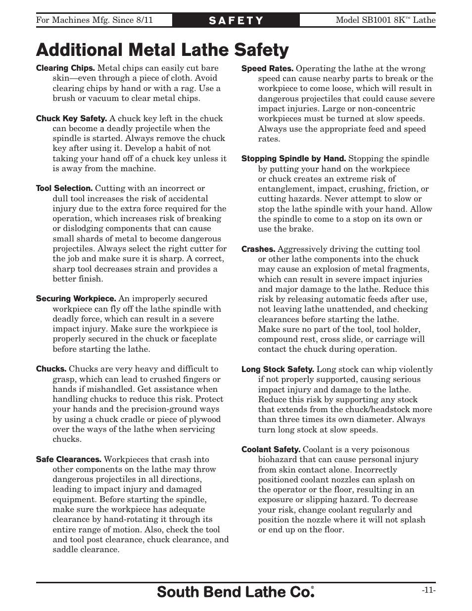 Additional metal lathe safety | Southbend SB1001 User Manual | Page 13 / 76