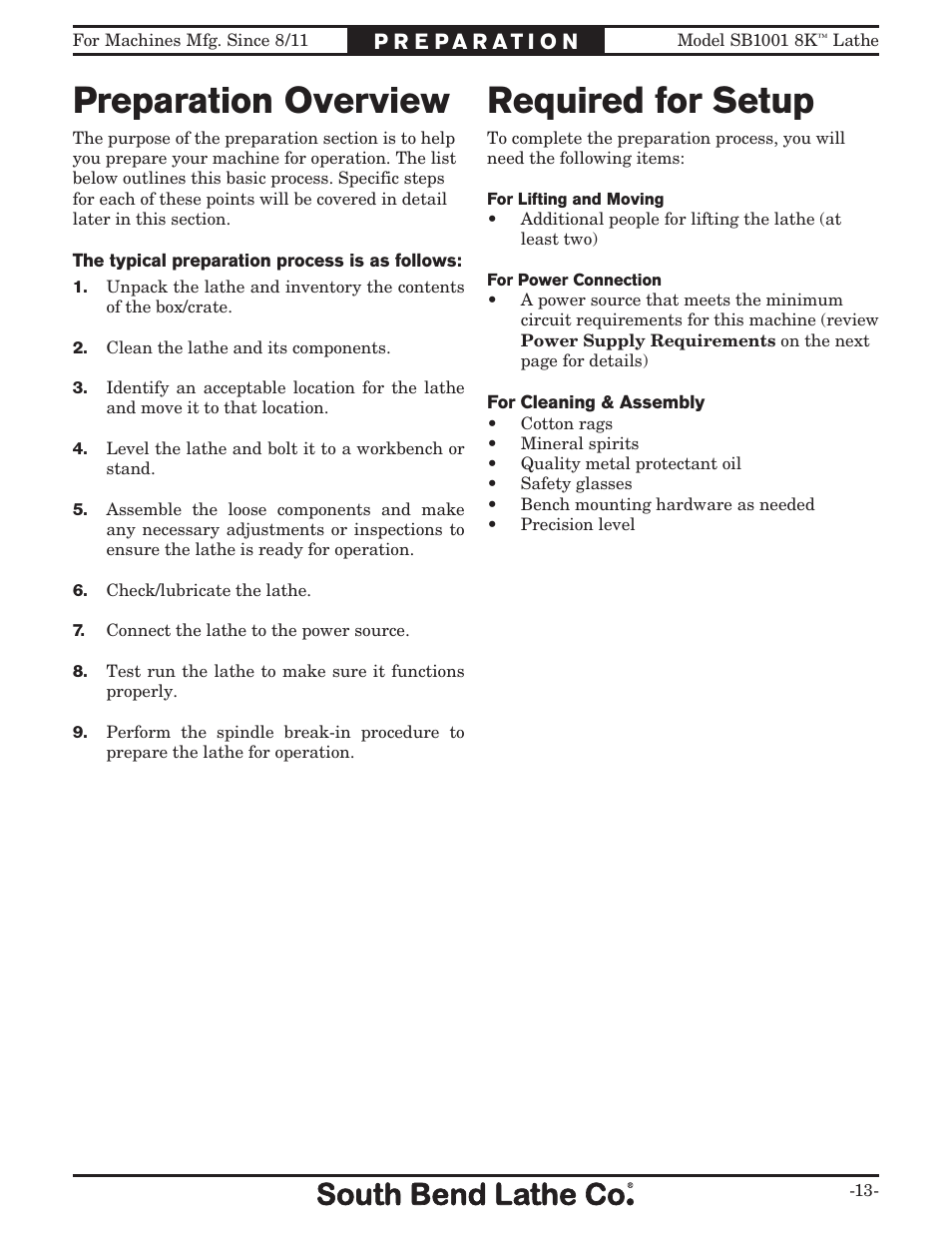 Preparation overview required for setup | Southbend SB1001 User Manual | Page 15 / 76