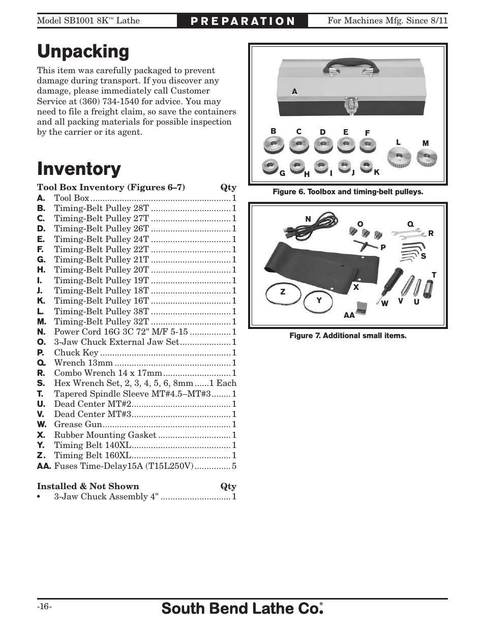 Unpacking, Inventory | Southbend SB1001 User Manual | Page 18 / 76