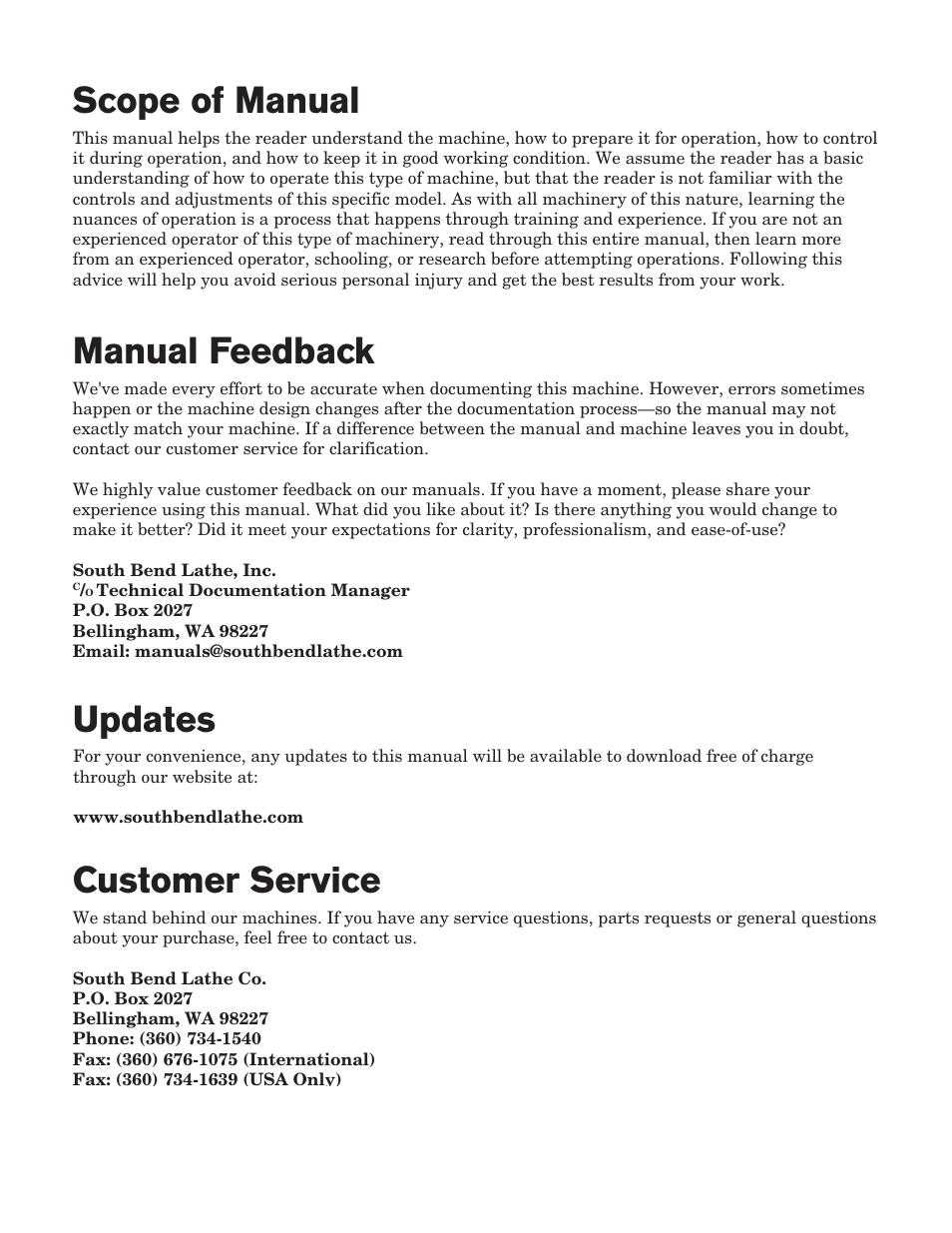 Customer service, Updates, Scope of manual | Manual feedback | Southbend SB1001 User Manual | Page 2 / 76