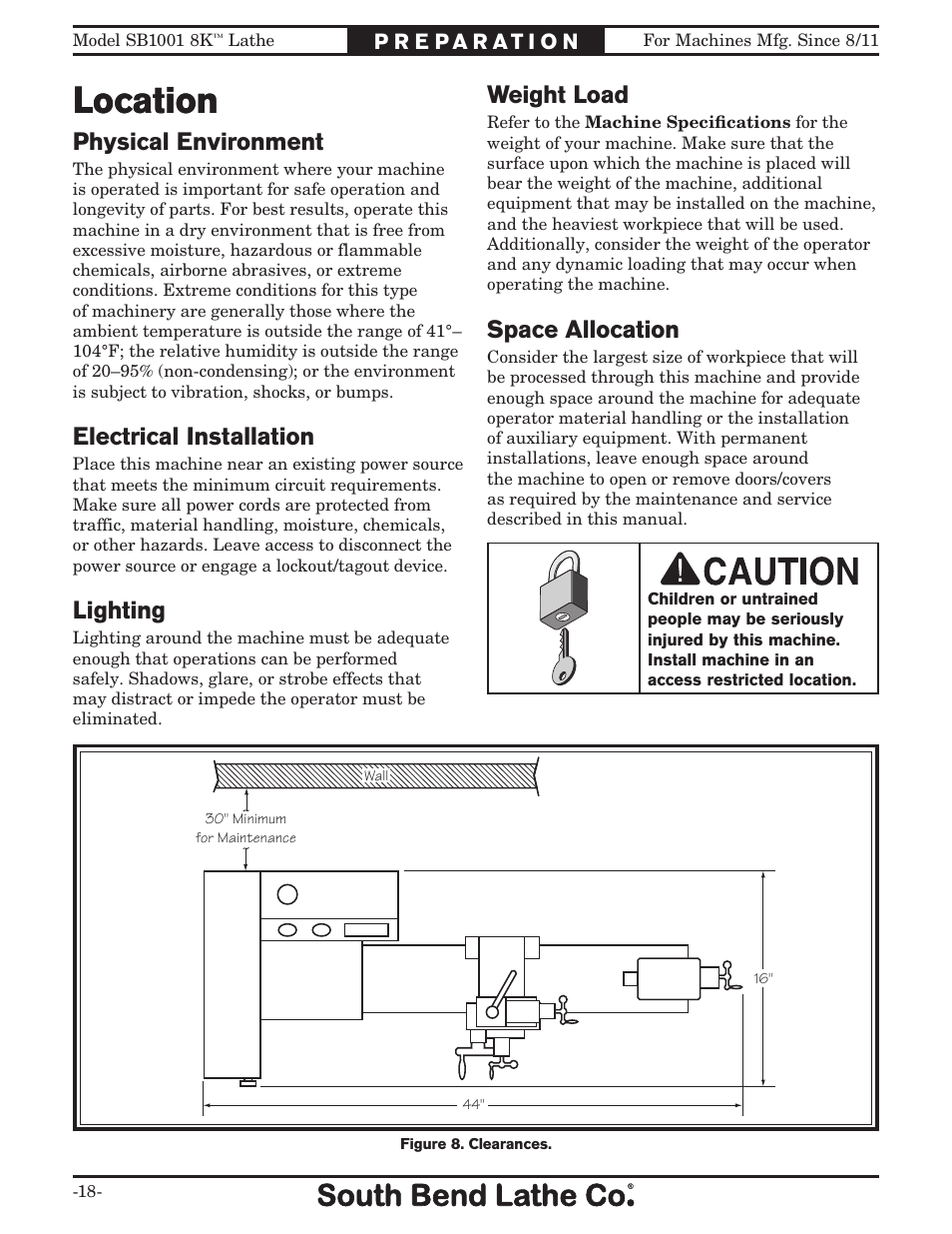 Location, Space allocation, Weight load | Physical environment, Electrical installation, Lighting | Southbend SB1001 User Manual | Page 20 / 76