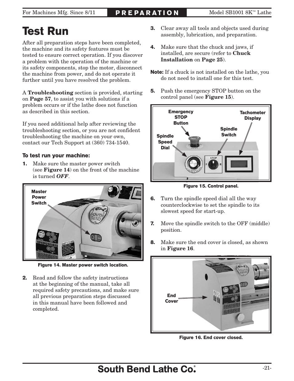 Test run | Southbend SB1001 User Manual | Page 23 / 76